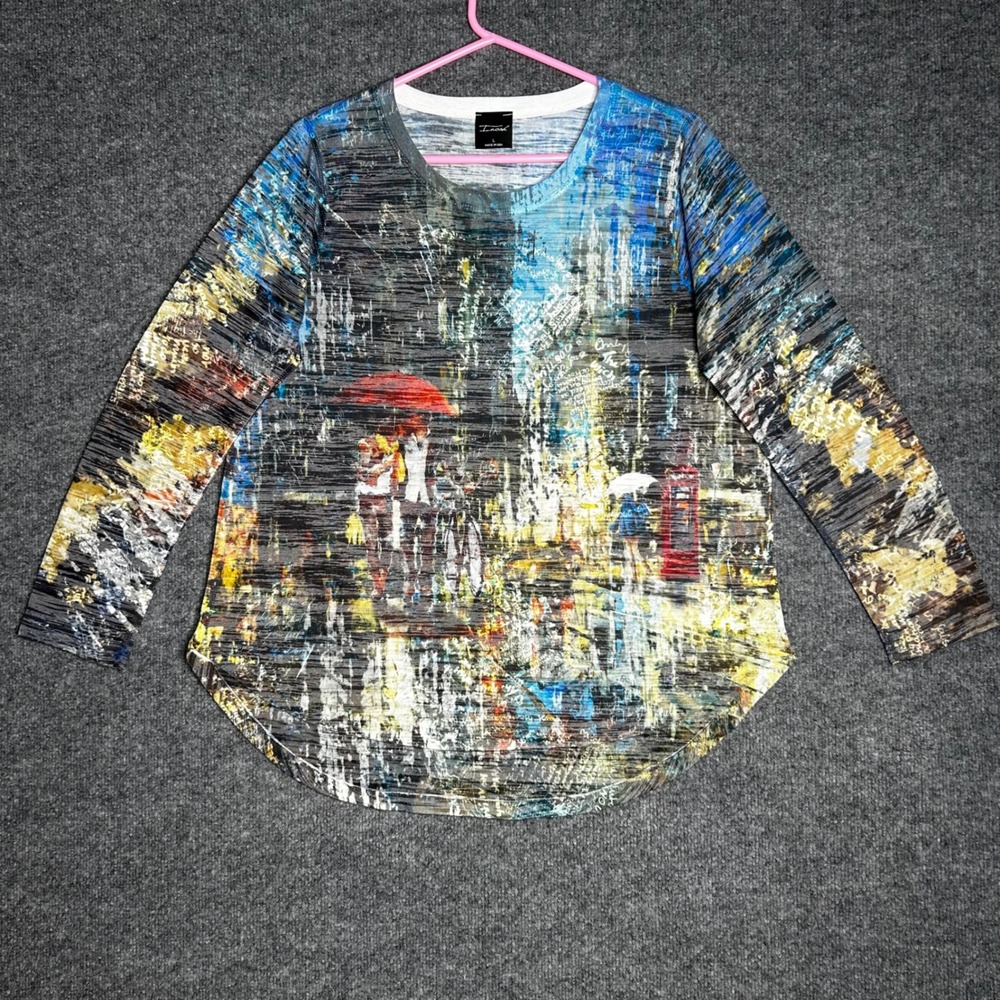 INoah Womens‎ Artistic City Scene Graphic Print Long Sleeve Top Blue Large USA